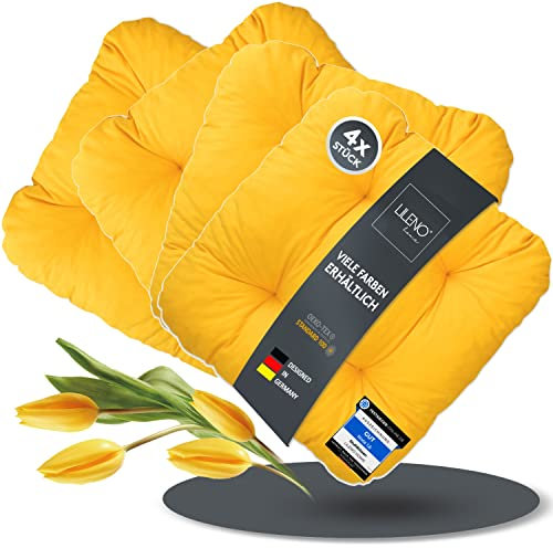 LILENO HOME 4er Set Stuhlkissen Gelb (38x38x8 cm) - Sitzkissen für Gartenstuhl, Küche oder Esszimmerstuhl - Bequeme UV-beständige Indoor u. Outdoor Stuhlauflage als Stuhl Kissen