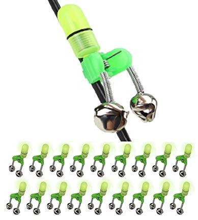 GRANDBUY 20 pcs Fishing Bells Clips with LED Light Night Sea Fishing Rod LED Light Clip with Twin Bells Ring Fishing Bite Alarm Indicator On Fishing Rod Green Light (20 Pcs Fishing Bells Light)