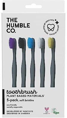 The Humble Co. Schwarze Zahnbürste auf Pflanzenbasis (5 Stück) veganes, weiches Zahnbürsten-Set mit BPA-freien Borsten, beste Zahnbürste für überlegene Mundpflege und hervorragende Zahnreinigung (5
