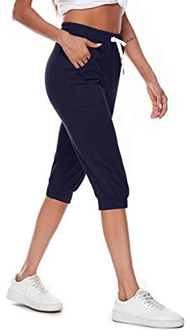 Ietaoo Joggingbyxor dam 3/4 sportbyxor sommar bomull capribyxor sweatpants löparbyxor fritidsbyxor sport fitness yogabyxor med ficka, Marinblå, M
