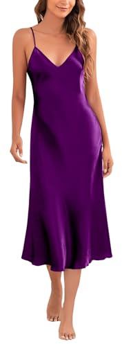 Marvmys Satin Nightdress for Women UK Long Negligees Strap Chemise Nighties for Ladies V Neck Full Slips Sleepwear Deep Purple M