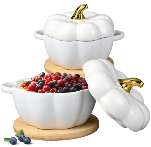 Zhehao Set mit 2 Keramik-Kürbisschüsseln mit Deckel, 425 ml, Kürbistopf mit isolierten Pads, Herbstbacken, Kochgeschirr für Thanksgiving, Dessert, saisonale Dekorationen (weiß)