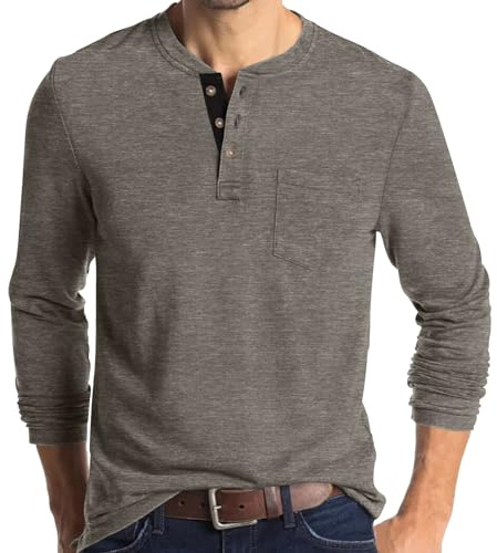 MLXSJ Men's Henley Shirts Casual Long Sleeve Button T-Shirt with Pocket (Khaki, XL)