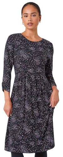 Roman Originals Shift Dress with Pockets for Women UK - Ladies Summer Autumn Winter Smart Casual Work Short 3/4 Sleeve Tunic Knee Length Pleated Gathered Waist Tea Loose - Black & Multi - Size 16