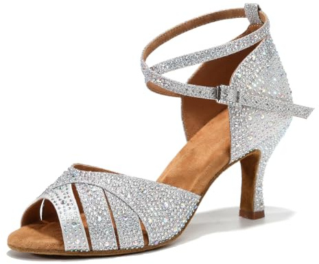 SWDZM Chaussures de Danse Latine Femme Strass Sandales à Talon | Sandales de danse de strass brillants,ajustables boucle, semelle en daim souple, parfaites pour salsa, tango mariage