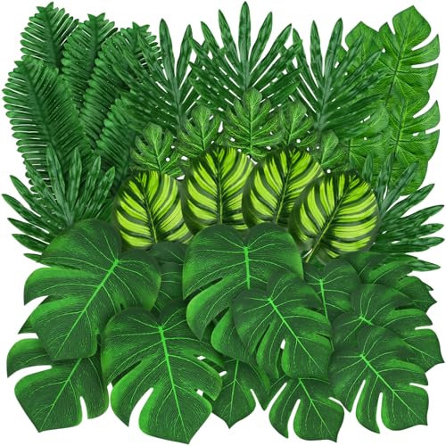 QUOZUO Tropical Party Decorations, 50 Pieces 7 Kinds Palm Leaves Artificial Tropical Monstera, Green Jungle Leaf with Stem for Jungle Hawaiian Luau Party Table Decoration Wedding Birthday