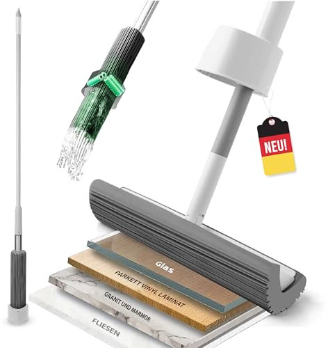 Wischmopp mit Auswringfunktion mit 4 Walzen, Bodenreinigung,müheloses Putzen , saugstarker Schwamm,Bodenwischer Mob für Fliesen,Hartböden,Tierhaare, Pressmop Wischmop