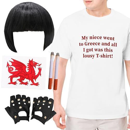 I LOVE FANCY DRESS Adults Welsh TV Characters Couples Costume - X-Large - Black Bob Wig, Black Gloves, Welsh Dragon Tattoo, Fake Cigarettes and White Slogan T-Shirt - TV Show Quote Funny T-Shirt