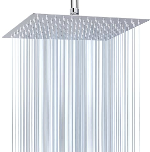 Voolan Extra Large Rain Shower Head - High Flow Square Rainfall Showerhead - Waterfall Full Body Coverage - Universal Ceiling or Wall Mount (16 * 12 Inch Rectangle, Chrome)