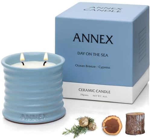 Annex Sea Breeze and Cypress Balls Luxury Scented Candle - 8oz Handmade Blue Ceramic Jar Candle, 50hr Clean Burn, 100% Non Toxic Soy Wax, Aesthetic Home Decor Gift for Men and Women - Sandalwood & Oud
