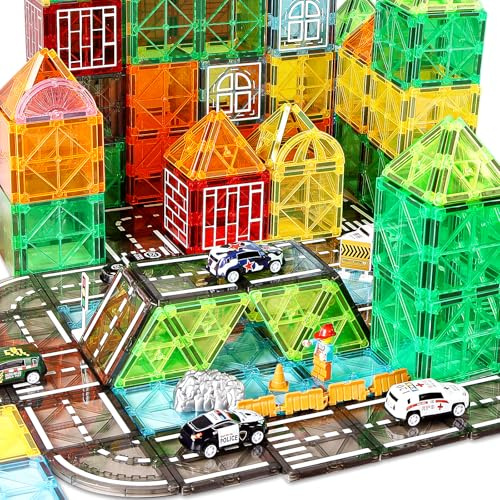 HOTUT Magnetiska byggstenar, 125 stycken magnetiska plattor stadsgator, magnetiska leksaker för barn, magnetiska spel för gåvor från 3 4 5 6 7 8 år gamla pojkar flickor byggleksaker