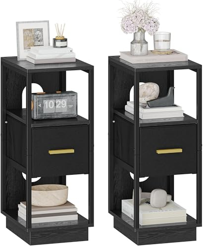 Hzuaneri Table de Chevet, Lot de 2, Table de Nuit Étroite avec 1 Tiroir en Tissu, Tables d'Appoint avec Compartiment Ouvert, Moderne, pour Chambre à Coucher, Salon, 30 x 24 x 60 cm, Noir NS61304B