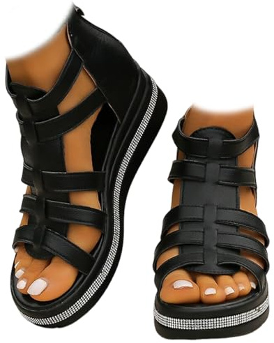 Whimsyard Sandales compensées avec ornement en strass, Sandales compensées orthopédiques à plateforme pour femmes avec support d’arche, Sandales compensées à lanières enveloppées à bout ouvert