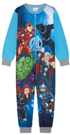 Marvel Avengers Official Boys Onesie, Sleepsuit, All in One Pyjamas Featuring Iron Man, Captain America, Hulk, Black Panther, Blue, Age 4-5 Years