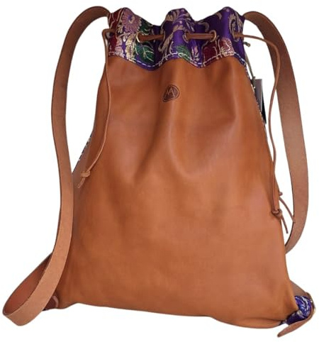 MELONI Borsa Zaino in Pelle Artigianale con Broccato Sardo, Sacca Tradizionale Sa Tasca, Cuoio Naturale, Chiusura a Coulisse