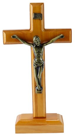 Enwye Croce in Piedi Da Tavolo in Legno, Ornamento Da Parete in Legno Arancione Scuro Con Supporto, Decorazione Crocifisso Per La Casa