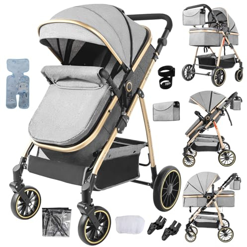 Aveainelle 3-i-1 barnvagn, resesystem lutande och vändbar, hopfällbar barnvagn med ett klick, spädbarnsbuggy med kompletta tillbehör, främre och bakhjul dubbel bromsläge (grå)