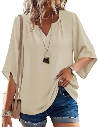 iWoo Womens 3/4 Sleeve V Neck Tunic Blouse Loose Fit Summer Tops | Lightweight Breathable Fabric, Soft Comfortable Feel
