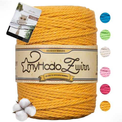 Hilo de Macramé Premium 3mm Amarillo myHodo – 100% Algodón Ecológico Oeko-Tex - Embalaje Sin Plástico – Ideal para Colgar en la Pared (100m)