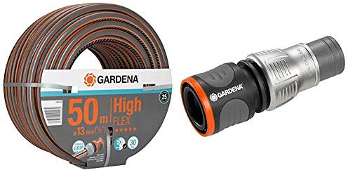 Gardena Comfort 18069-20 - Tubo Highflex, 10 x 10, 13 mm, 1/2'', 50 m, senza componenti & 18255-20 Premium Raccordo per Tubo da 13 ;mm 1/2 15 ;mm 5/8, Adattatore per Rubinetti, Antigelo