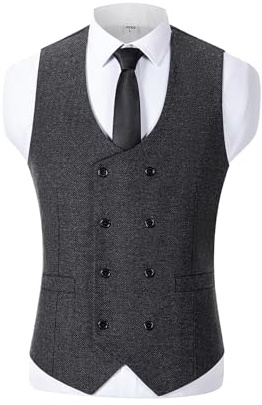 Traje de hombre anual chaleco de dos filas de lana Tweed chaleco para boda Groomsmen, Negro , M