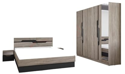 ARREDO DA CASA Camera da Letto Completa Moderno con Armadio 4 Ante, Letto Matrimoniale e 2 Comodini Rovere e Finiture Antracite CDLI7012