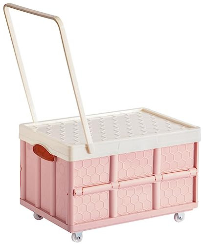 DOITOOL Grocery Cart Lidded Storage Bin Collapsible Rolling Crate on Wheels Stackable Clothes Storage Box with Wheels, Pink Foldable Camping Wagon