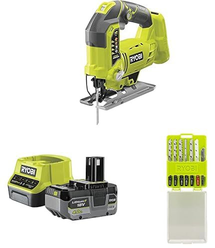 Ryobi - Scie sauteuse pendulaire 18V - 1 100-3 000 cp/min - 101 mm dans le bois - course de lame 25 mm - Livrée avec 11 lames, 1 batterie 4Ah et 1 chargeur rapide