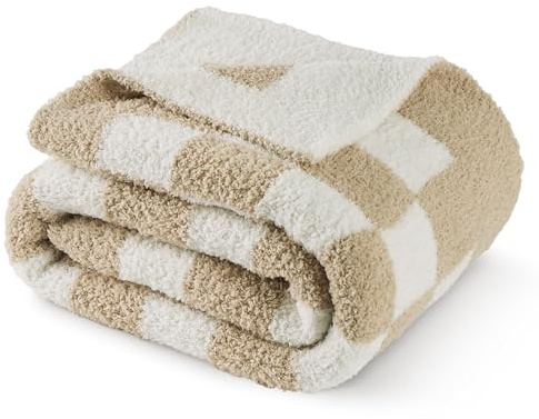 Bedsure GentleSoft Checkered Twin Blanket for Couch, Super Soft Cozy & Warm Knit Throw Blanket, Lightweight & Fluffy Plaid Blankets for Bedding, Sofa, Gifts for Women Men, Beige, 60x80 Inches