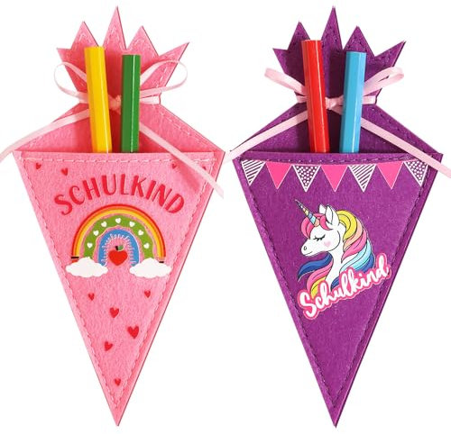 BOOMTOP 2 Schultüten aus Filz Bestecktasche Klein Geschenktüte Einschulung Tischdeko Junge Mädchen Einhorn Regenbogen Schultüte Füllung Idee Geschwistertüte Mini Zuckertüte Schulanfang Geschenk
