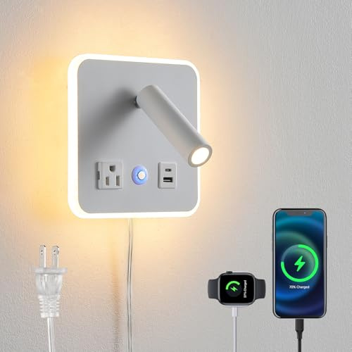 CNMYKYDS LED Wall Lamp Dimming Wall Mounted Reading Lights, Adjustable Headboard Plug in Wall Sconce with USB+USB C Ports, Headboard Bedside Lamp with 6W+3W Night Light 3000K (White)