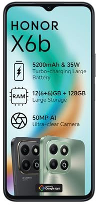 HONOR X6b Dual SIM Smartphone, 6GB RAM + 128GB ROM, 50MP Camera, 5200mAh Battery, Android 14, 6.56” HD Display, Midnight Black