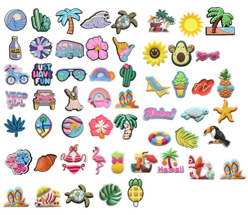 54PCS Décorations de Plage pour l'été Charmes de Chaussure,Charmes de Chaussure,Charms Crocs Dessin Cartoon,Chaussure en PVC Deco Croc Clips,Breloque pour Sabots Sandales,Cadeau de Fête d'anniversaire