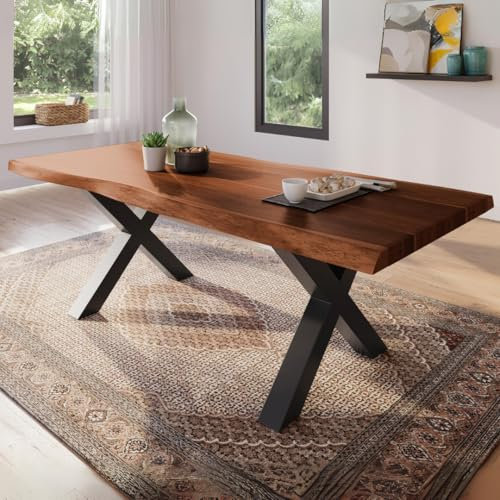 trelevo Esszimmertisch 200x100 cm, Akazienholz massiv, Tischplatte nussbaumfarben, echte Baumkante, X-Gestell schwarz, Baumkantentisch