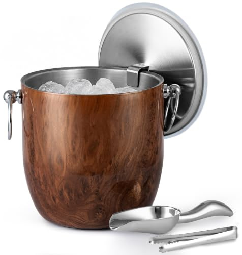 Golden Cudgel Insulated Ice Bucket, 3L Double Wall Stainless Steel Ice Bucket with Tongs,Lid, Scoop and Strainer, Ice Buckets for Parties,Cocktail Bars, Chilling Beer, Champagne, Wine Bottles,Wood