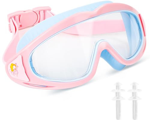 Fonyet Beschlag Taucherbrille Kinder HD Schwimmbrille mit Ohrstöpsel und Verstellbare Kopfband für Kinder 3-15 Jahre, Weitwinkel Tauchmaske UV Schutz (Rosa)