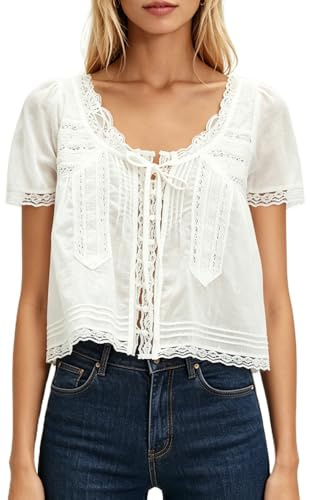 Tie Front Ruffle Boho Tops for Women Embroidered Babydoll Shirts