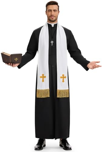 BuzzoXerex Costume Prete Uomo, Costumi Halloween Uomo, Vestito Prete con Stola, Catena con Croce, Cintura e Scatola per Bibbia per Halloween, Carnevale, Cosplay (L)