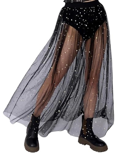 XFSRG Faldas Mujer Verano Largas Transparente Estilo Estrella Brillante Moda Casual Elegante para Fiesta y Playa