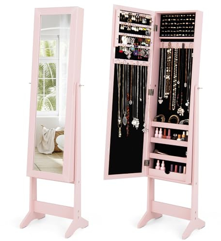 HOMFME Armoire a Bijoux avec Mirror sur Pied, Armoire Rangement Bijoux de Grande Capacité, avec 4 Étagères & Miroir en 3 Angles Réglables, pour Vestiaire, Chambre et Porche (Rose)