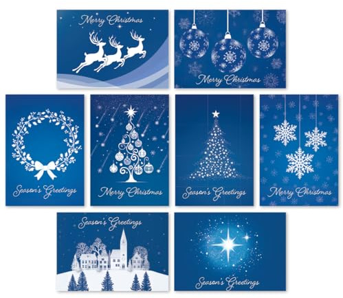 Charity Christmas Card Pack of 32. Each Christmas Card Multipack has 8 Different Festive Blue Designs. Ecofriendly and UK Made. Verse Inside. 172 x 122mm Card Size.
