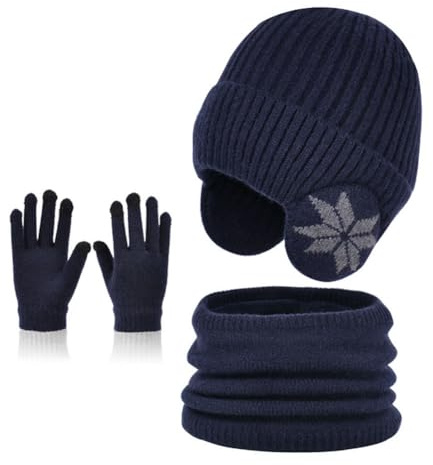 MAGIMODAC Winter Hat Scarf Gloves Set Kids Earflaps Beanie Fleece Lined Knitted Scarves Thermal Touchscreen-Gloves Windproof Neck Warmer Boys Girls