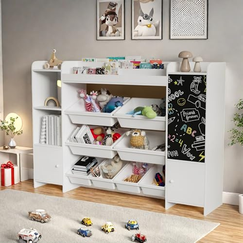 OLIVIBED Barnhylla på 4 nivåer med 8 lådor, bokhylla för barn med leksakslåda, barnrumsmöbler med många fack, leksaksorganisatör för barnrum, 137 x 30 x 94,5 cm, vit