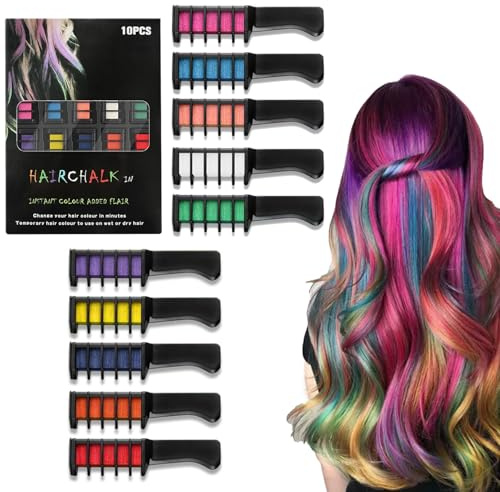Hair Chalk Combs, 10 Colors Temporary Hair Dye Marker for Girls, Washable Hair Colour Pens Markers, Safe Easy Apply Hair Colour Combs for Christmas Party, Birthday, Cosplay, DIY Styling Fun (1 Set)