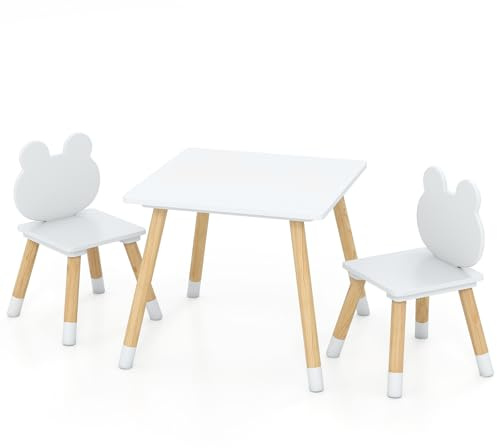 GYMAX Kids Table and Chair Set, Children Activity Table with 2 Chairs and Pine Wood Legs, 3PCS Wooden Toddler Furniture Set for Playing, Learning, Eating (White, Froggy Backrest)