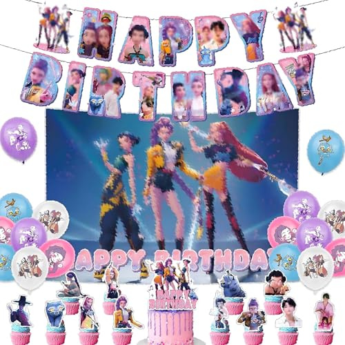 K-Pop - Set di decorazioni per feste di compleanno per bambini – striscioni, palloncini, telo di fondo, topper e cupcake, decorazione colorata per ragazzi, ragazze e fan