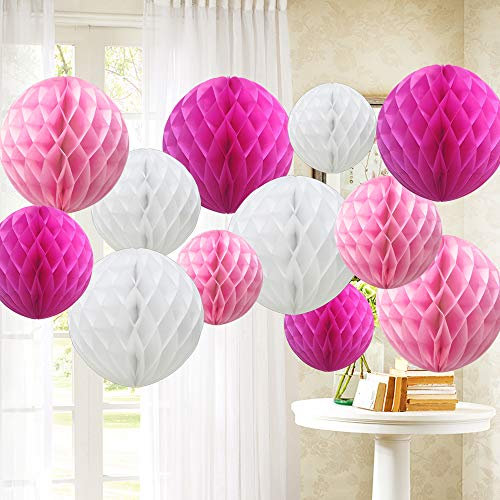 12 Stück Papier Pompoms Wabenbälle Pompons Papierwaben Papierlaterne Hochzeit Baby Dusche Parteien (Pink Shade)