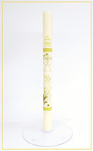 Vela/Cirio para bautizo de cera beig claro decorada con dibujos de ceremonia y rematada con cintas doradas de tela metalizada. Medida 3x40cm. Color ocre (PERSONALIZADA)