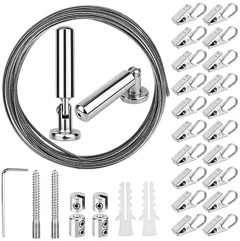 [5 Meter] OOTSR Seilspanngarnitur Seilspanner Gardinenseil Drahtseil mit (20) Haken Vorhang Clips für Innenministerium Dekoration