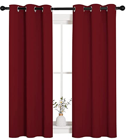 NICETOWN Christmas Burgundy Bedroom Curtains Blackout Draperies, Decorations Thermal Insulated Solid Grommet Top Blackout Drapes for Cafe (One Pair, 34 x 54-inch)
